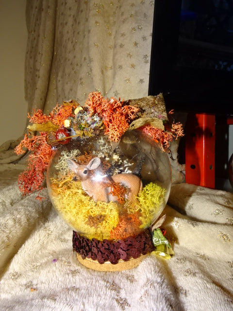 Handmade Decorative Glass Jar Dome With Doe in Woodland Scene