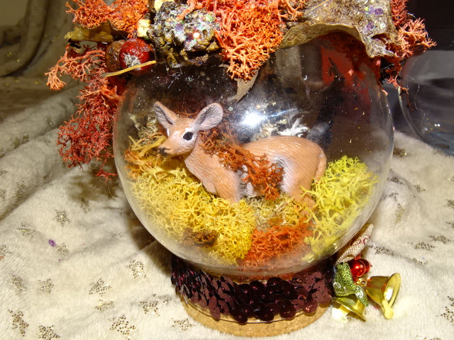 Handmade Decorative Glass Jar Dome With Doe in Woodland Scene