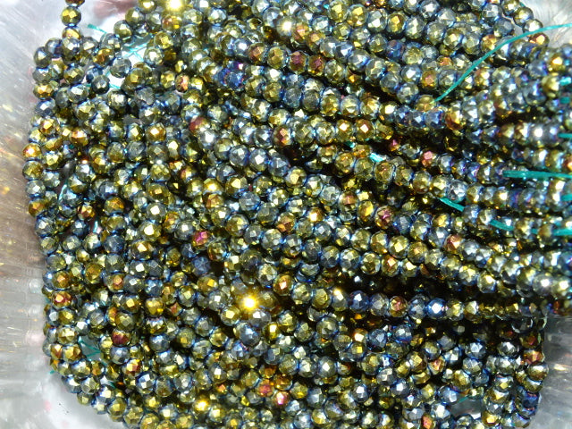 'Gold Green Sparkle' 3 x 2.5mm Glass Metallic Rainbow Ab Plated Faceted Beads.