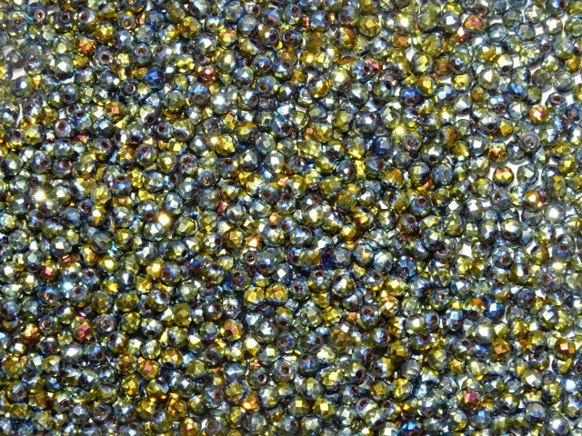 'Gold Green Sparkle' 3 x 2.5mm Glass Metallic Rainbow Ab Plated Faceted Beads.