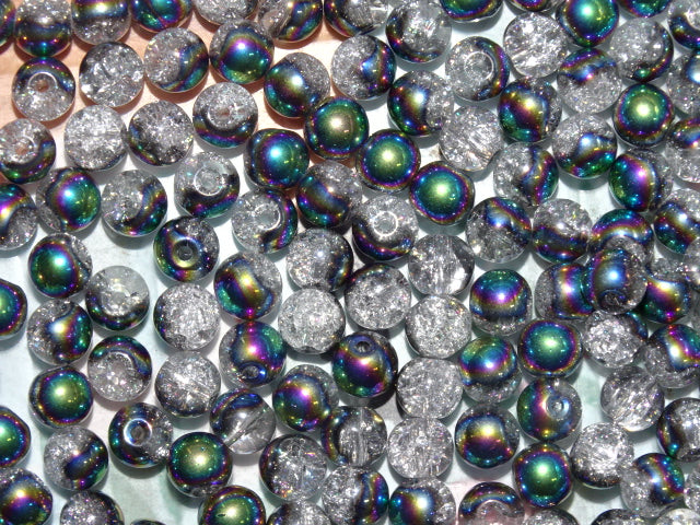 'Iced Rainbow'  Half Ab  Rainbow Plated Clear Crackle Glass Bead    6mm