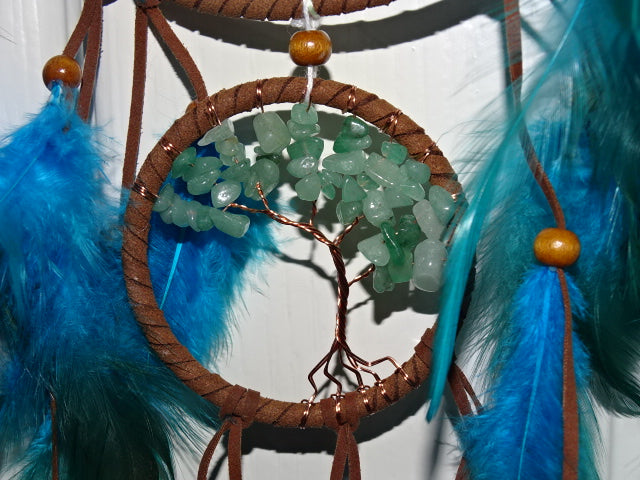 'Tree Of Life' Design Dreamcatcher With Beads, Feathers and Gemstone Chips