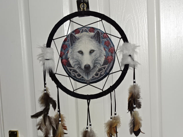 Celtic Wolf Design Canvas Print Dreamcatcher With Feathers   by Lisa Parker