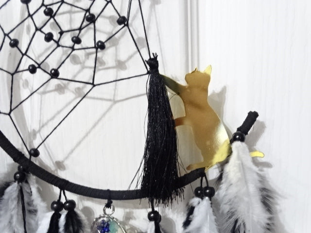 'Midnight Cat'  Feather and Imitation Gemstone Dreamcatcher