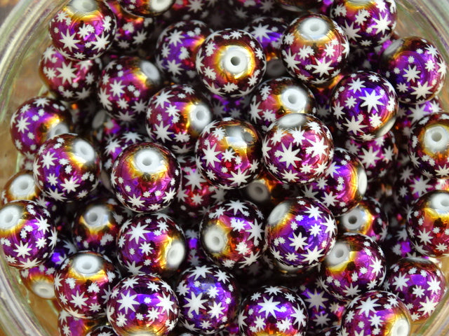 10mm Glass Electroplated beads.  'Purple Star'